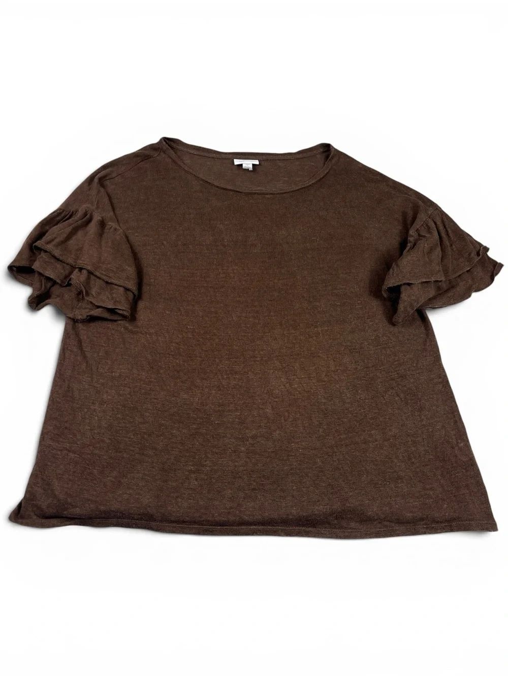 J.Jill Love Linen Blouse Chocolate Brown Ruffled Short Sleeve Earthy Top LARGE
